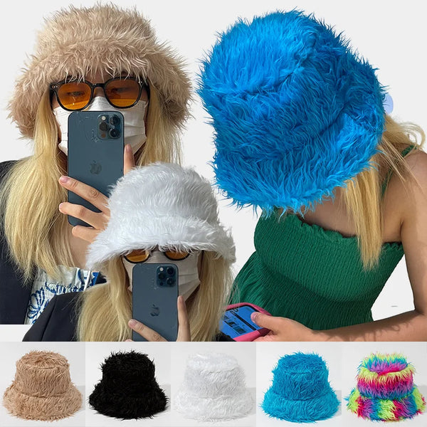 TAVIMART  -  New Plush Faux Fur Bucket Hats For Women Men Outdoor Warm Panama Hat Female Adjustable Lady Luxury FNashion Party Fisherman Caps