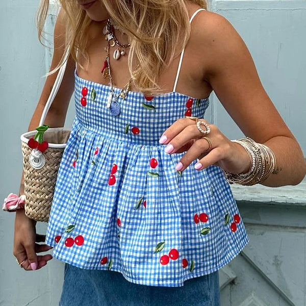 TAVIMART  -  Backless Tie Up Crop Tops Cherry Plaid Print Peplum Camisole Summer Holiday Sweet Cute Milkmaid Tank Vest Y2K Clothes