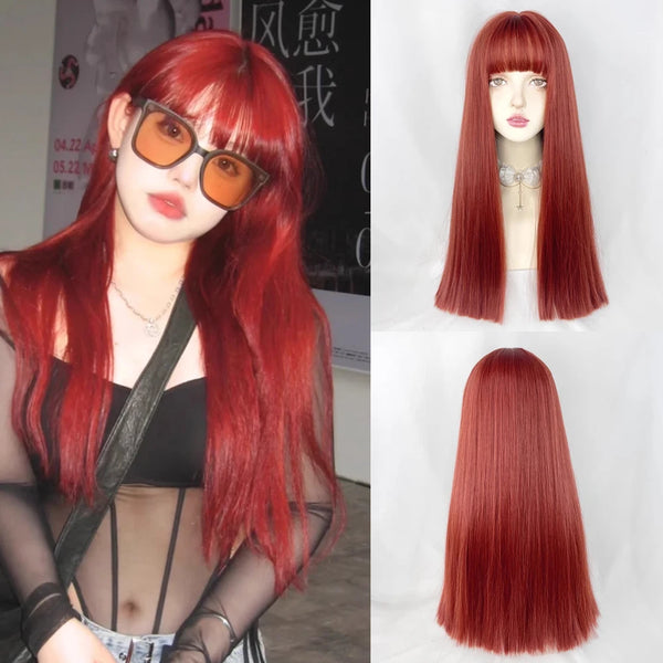 TAVIMART  -  Synthetic Long Straight Red Wavy Wigs with Bangs Lolita Cosplay Natural Women Hair Wig for Daily Party