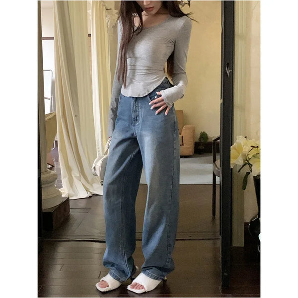 TAVIMART  -  High-waisted baggy jeans Fall/winter women's blue casual pants commuter wide-leg pants