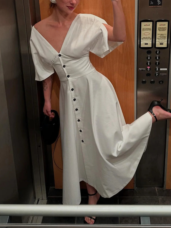 TAVIMART  -  Women's mid-length elegant dress button V-neck backless pleated dress new summer fashion holiday date casual dress