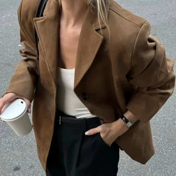 TAVIMART  -  Vintage Lapel Pocket Suede Leather Jacket Women Fashion Loose Single Button Oversize Brown Coats Female Street Chic Clothes