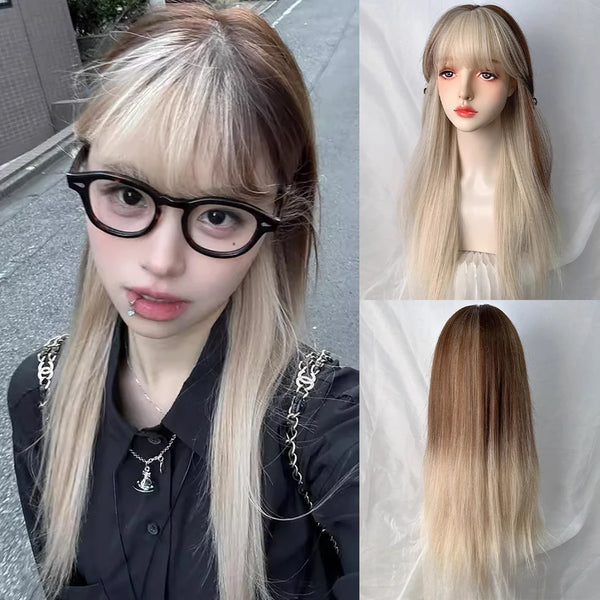 TAVIMART  -  Long Straight Ombre Blonde Brown Synthetic Women Wig with Bangs Fluffy Lolita Cosplay Hair Wig for Daily Party