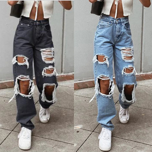 TAVIMART  -  Vintage High Waist Women Ripped Jeans With Patch Pockets Zipper Placket Classic Loose Wide Leg Denim Pants