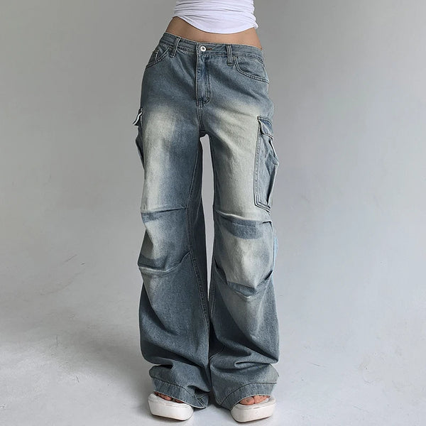 TAVIMART  -  American Style Pleated Washed Parachute Jeans Women's High Waisted Loose Wide Leg Large Pocket Workwear Pants