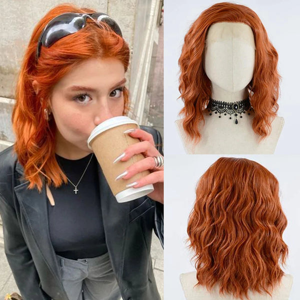 TAVIMART  -  Bernardo Short Wigs Synthetic Lace Front Wig Heat Resistant Fiber Natural Hairline Middle Part Ginger Dark Brown Wigs Cosplay