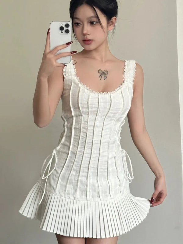 TAVIMART  -  Elegant Pleated Short Dresses for Women Summer New Sleeveless Square Collar White Dress Korean Fashion Y2K One Piece Vestido