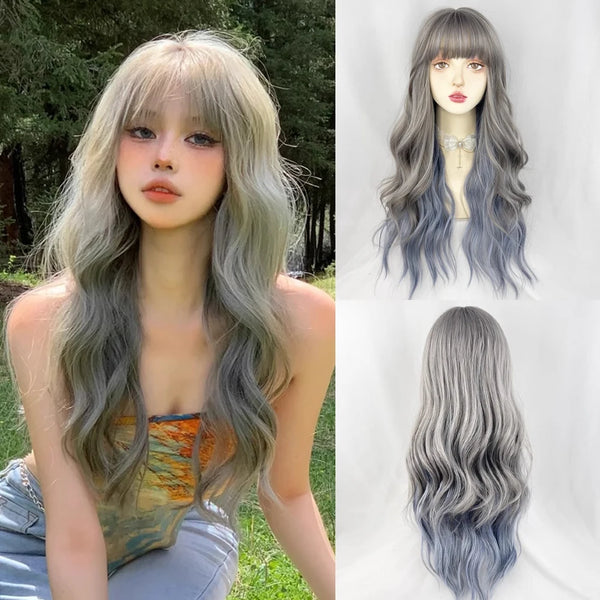 TAVIMART  -  Long Wavy Wig with Bangs Synthetic Gray Blue Ombre Mixed Women Lolita Cosplay for Daily Party