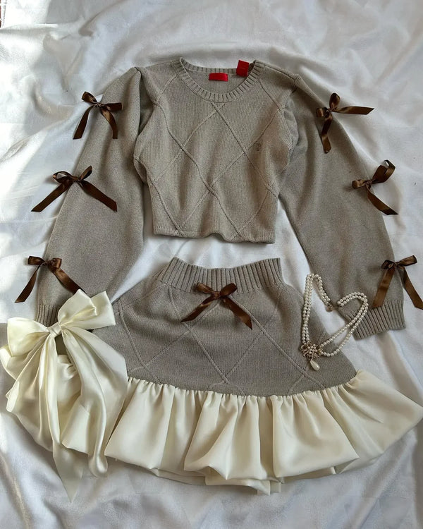 TAVIMART  -  Y2K Knitted Splicing Short Skirt Two Piece Set Women Knitted Long Sleeved Sweater Cute Bow Mini Pleated Skirt Autumn Winter Suit