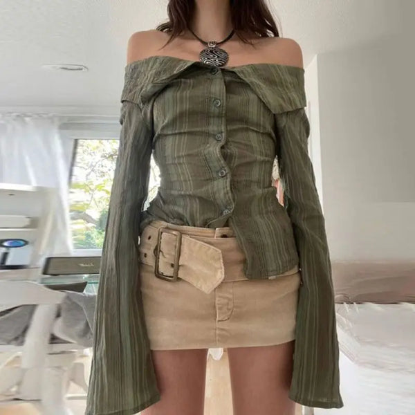 TAVIMART  -  shirt Green Striped Off Shoulder Buttons Collar Shirts Vintage Y2K Aesthetic Women Fashion Korean Casual Sweet Tops Blouses