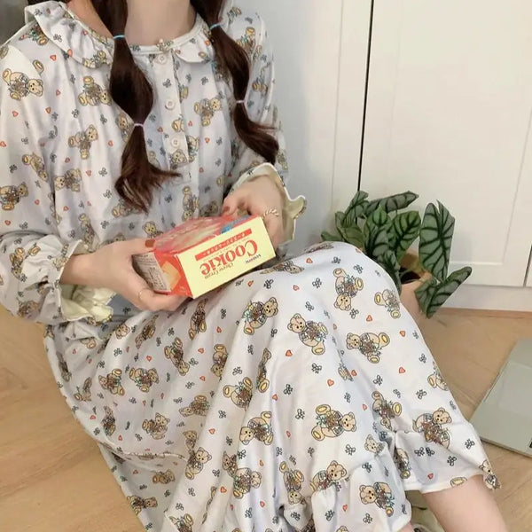 TAVIMART  -  Women Autumn Winter Sleepdress Cartoon Bear Warm Sanding Nightdress Love Bow Long Sleeve Nightgown 100% Cotton Home Clothes S420