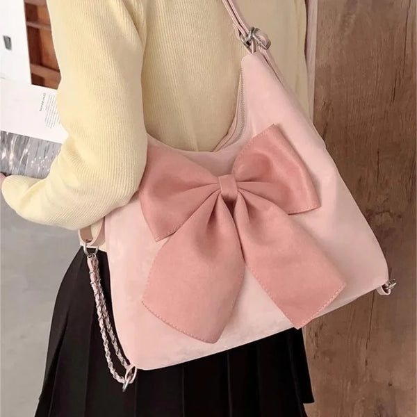 TAVIMART  -  Pink Bow Womens Shoulder Bag Korean Style Fashion Large Capacity Sweet Backpack Cute Exquisite Elegant New Female Tote Bag