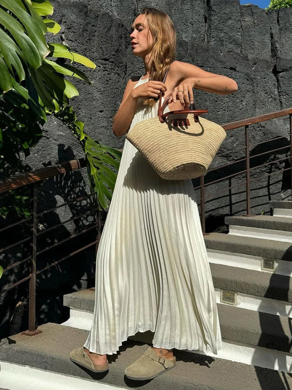 TAVIMART  -  Sexy Backless Women Pleated Halter Maxi Dress Fashion Loose Sleeveless Solid Dresses 2024 Summer Female Chic Vacation Robes