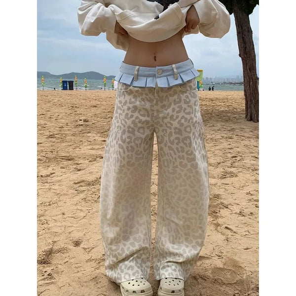 TAVIMART  -  Baggy Patchwork Leopard Pants Women Y2K Harajuku High Waist Wide Leg Vintage Trousers 