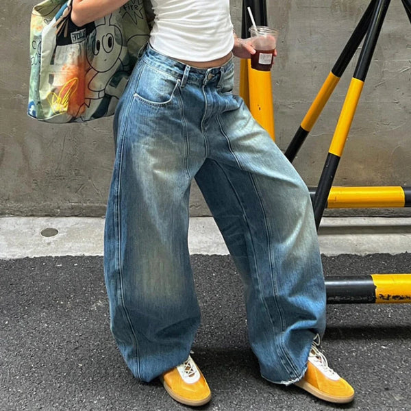 TAVIMART  -  Vintage Oversized Blue Jeans Woman Y2k Casual America Retro Baggy Denim Pants Basic Harajuku Wide Leg Trousers Summer