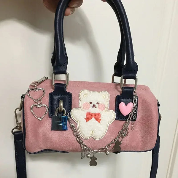 TAVIMART  -  Patchwork Bear Heart Chain Shoulder Handbags All Match Kawaii Cute Sweet Crossbody Women Bags Y2k Contrast Color Cylinder