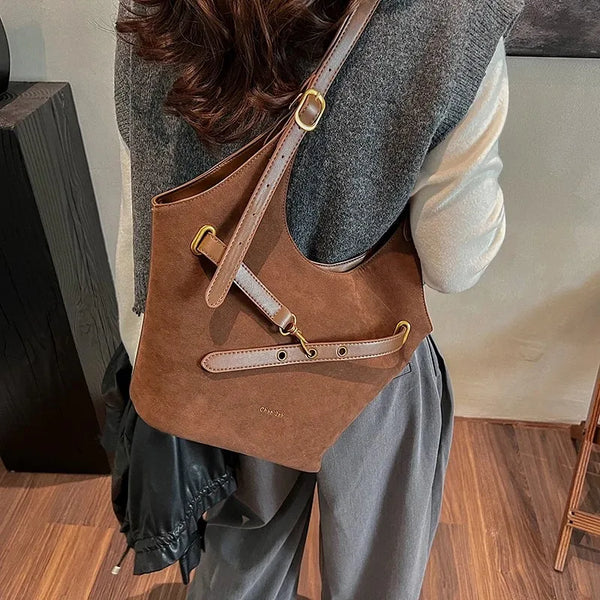 TAVIMART  -  Winter Retro Faux Suede Soft  Shoulder Bags For Women New Autumn Winter Simple Bucket Bag Korean Fashion Luxury Handbags