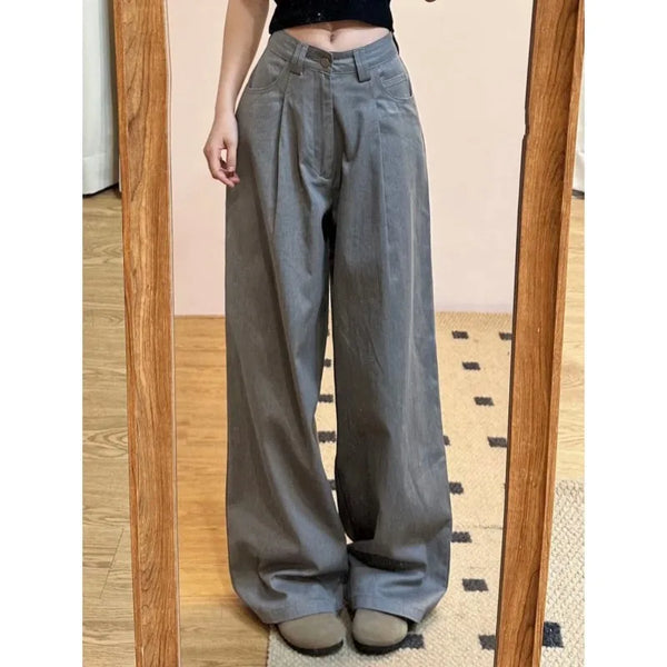 TAVIMART -  Baggy Korean Y2K High Waisted Gray Jeans, Wide Leg Vintage Denim Pants for Women