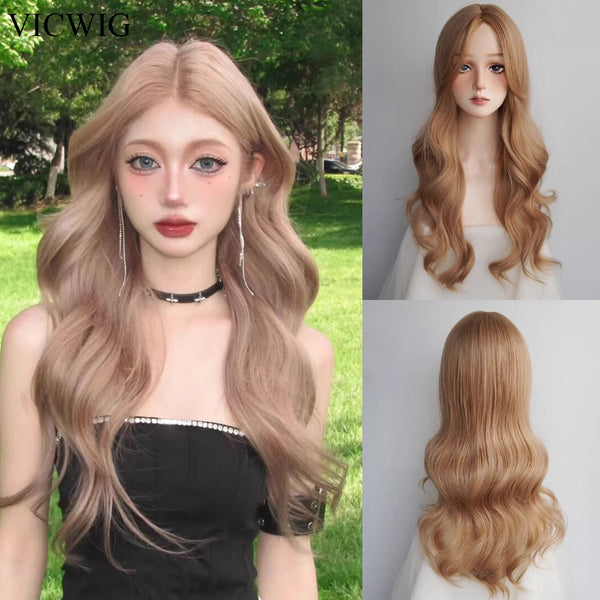 TAVIMART  -  Synthetic Long Wavy Brown Wig Middle Part Lolita Cosplay Fluffy Women Hair Heat Resistant Wig for Daily Party