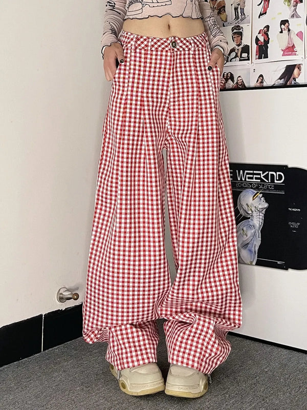 TAVIMART  -  New Plaid Cargo Pants Women Vintage Casual Loose Y2K Lattice Floor Length Wide Leg Trousers Autumn