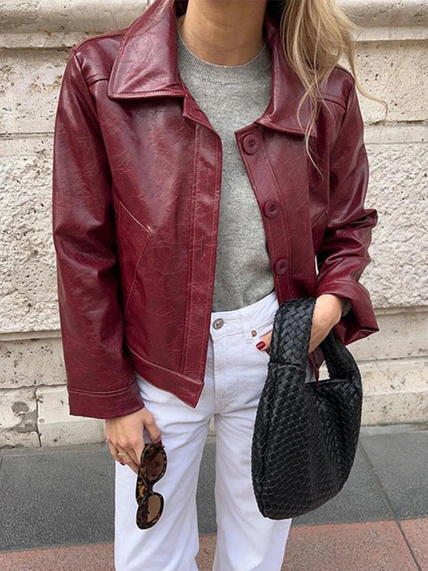 TAVIMART  -  Solid Color Leather Women's Jacket Vintage Wine Red Single Breasted Short Jackets Fashion Turndown Collar Autumn Women Coat