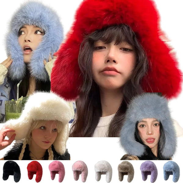 TAVIMART  -  53-58cm Faux Fox Fur Earflap Beanie Hats For Women Winter Outdoor Warm Luxury Plush Ski Windproof Panama Caps Unisex Bomber Hat