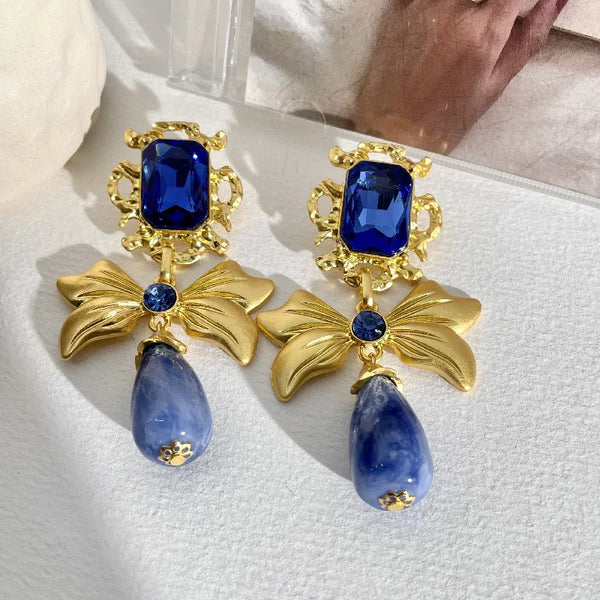 TAVIMART  -  Vintage Retro Style Design Bowknot Earrings Rhinestone Handmade Blue Glass Geometric Dangle Drop Earrings for Women