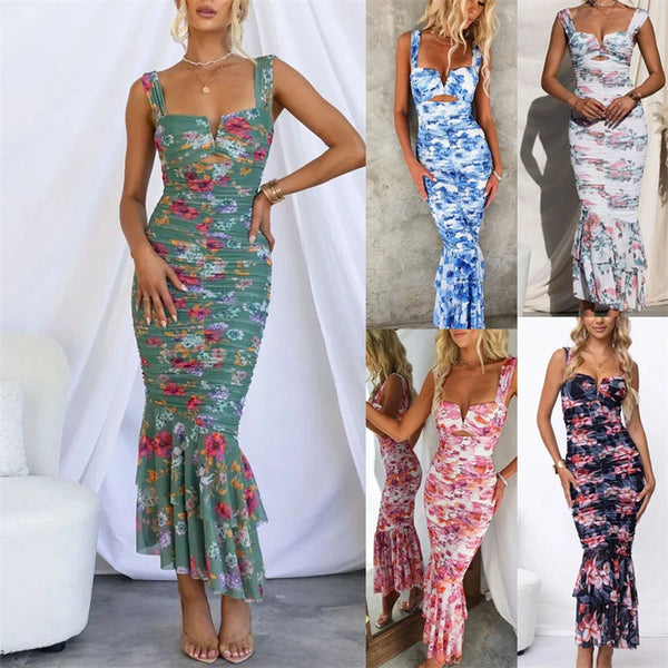 TAVIMART  -  New Summer Printed Casual Sling Sleeveless Dress Zipper Slim-Fit Dress Pullover V-Neck Dress Vacation Women's Clothing