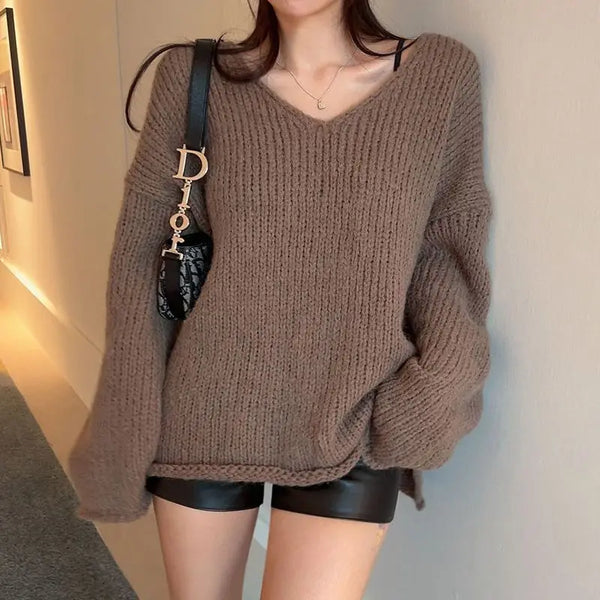 TAVIMART  -  Sweaters Brown V-Neck Slit Autumn Retro Knitted Jumper Tops Y2K Harajuku Casual Women Basic Loose Pullover Korean Style