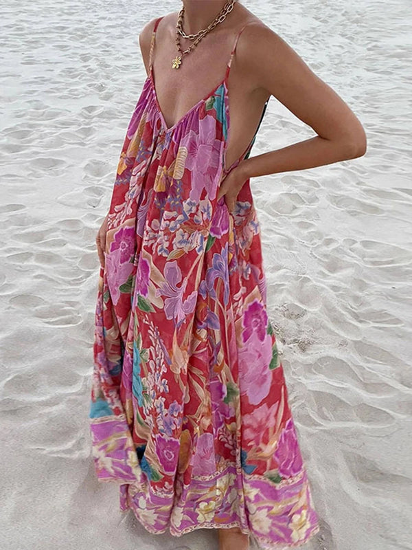 TAVIMART  -  Flower Printed V Neck Slip Long Dress Women Sleeveless Backless Summer Casual Womens Dresses 2025 Holiday Beach Loose Vestidos