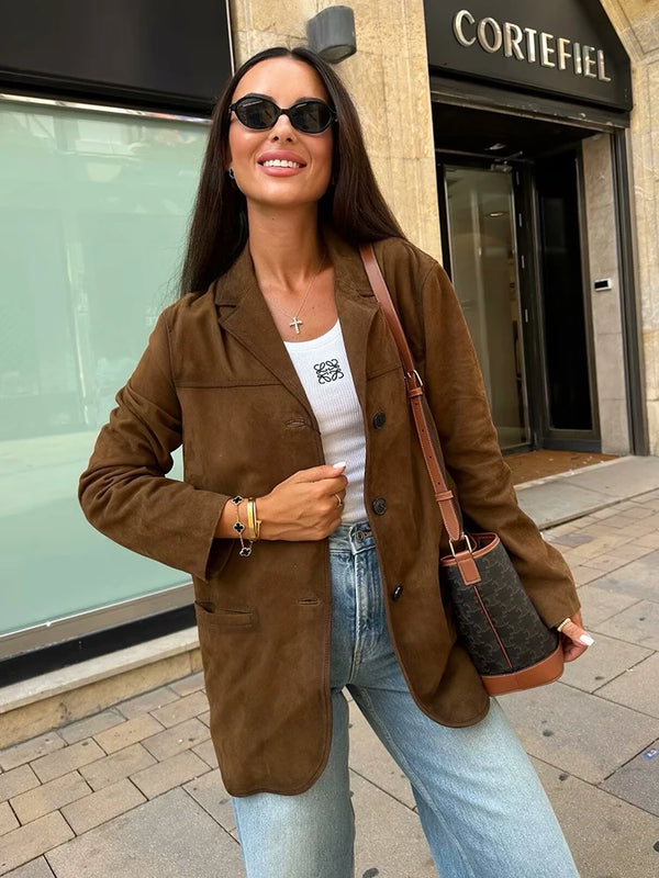 TAVIMART  -  Turn Down Collar Brown Autumn Jacket for Women Casual Single Breasted Long Coat Jacket Female Winter Jacket Back Slit