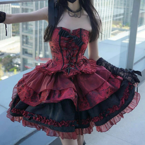 TAVIMART  -  Victorian Gothic Lolita Dress Women Harajuku Y2k Lace Bow Evening Party Dresses Japanese Punk Style Slim Bandage Princess Dress