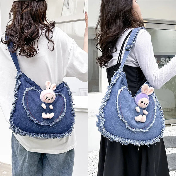 TAVIMART  -   High-capacity Canvas Heart Handbags Casual Sweet Tassel Shoulder Bag Cartoon Cute Rabbit Doll Kawaii Denim Crossbody Bags Women