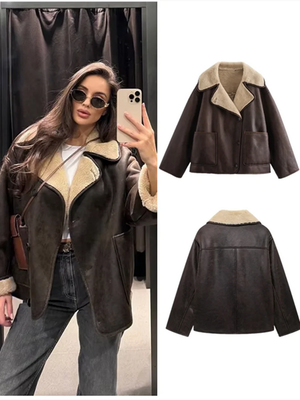 TAVIMART  -  Women Double Sided Jacket Winter Casual Packet Faux Leather Jackets Single Breasted Lapel Female Coat New Commuter Outerwear