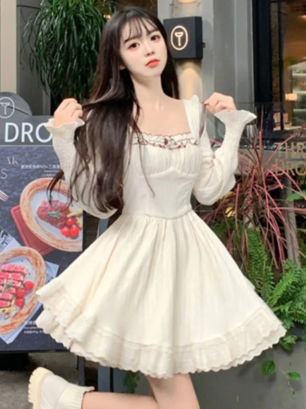 TAVIMART  -  Sweet Apricot Short Dresses for Women Flare Sleeves Square Collar Ruffles A-line High Waist Korean Fashion Mini Vestidos Mujer