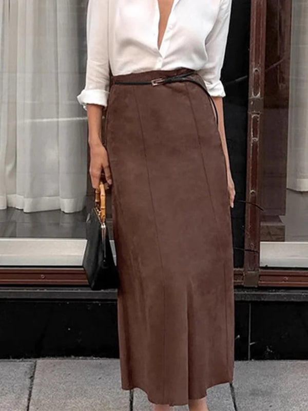 TAVIMART  -  Brown Retro Suede Women's Skirt Fashion Simple Casual Solid Color Long Skirts Autumn New Vintage Women Elegant Fish Tail Skirt