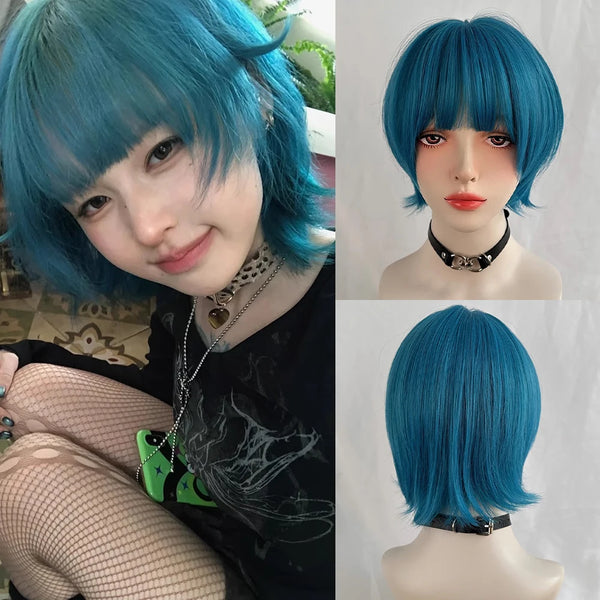 TAVIMART  -  Short Blue Synthetic Straight Women Wig with Bangs Fluffy Lolita Cosplay Wig Heat Resistant for Daily Party