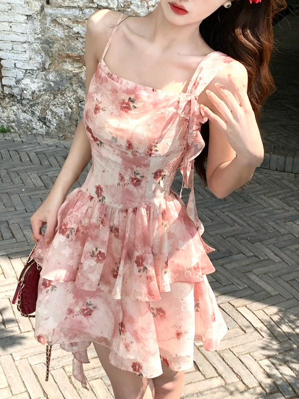 TAVIMART  -  Summer French Elegant Floral Dress Women Casual sweet Retro Slim Mini Dress Korean Fashion Vintage Y2k 2000s Strap Dress