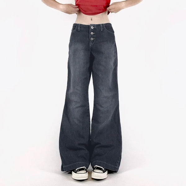 TAVIMART  -  Y2K Women Buttons Mid-rise Jeans Harajuku Korean Fashion Straight Pants Vintage 2000s Denim Trousers Lady Streetwear