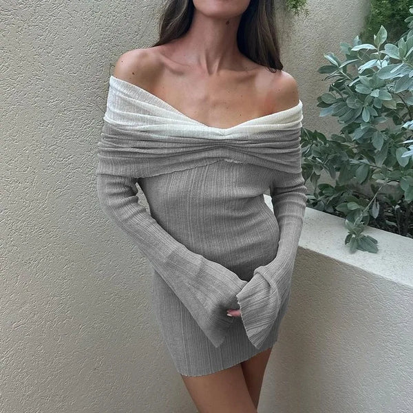 TAVIMART  -  Sexy One-Shoulder Color Block Knitted Dress Female Long-Sleeved Slim Thin Sweater Mini Dress Backless Party Club Outfits