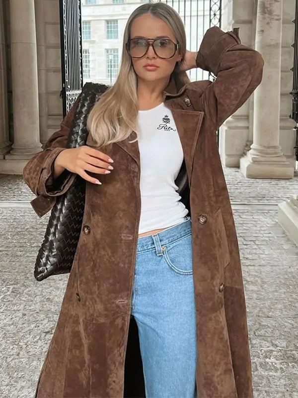 TAVIMART  -  Fashion Solid With Belt Suede Long Jacket 2024 Women Chic Button Lapel Oversize Loose Overcoat Autumn Female High Street Coat