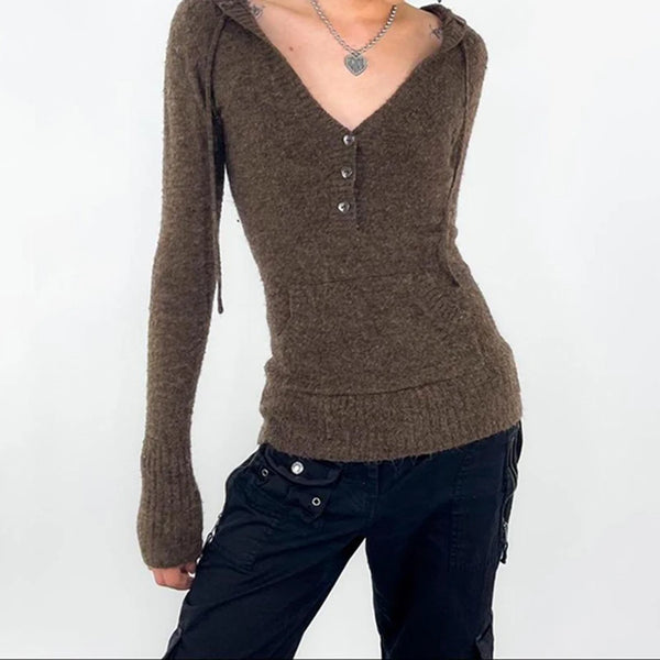 TAVIMART  -  Y2K Brown V-neck Hooded Sweater Vintage Basic Slim Button Up Knitted Pullovers Autumn Casual Streetwear Outfits Lady