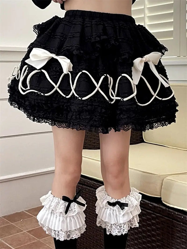 TAVIMART  -  French Vintage Tie Bow Lace Black Fluffy Cake Skirts for Women Autumn Lolita Girls Harajuku High Waist Loose Casual Short Skirt