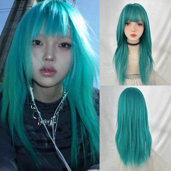 TAVIMART  -  Synthetic Long Straight Green Blue Women Wig with Bangs Lolita Cosplay Fluffy Hair Wig for Daily Party