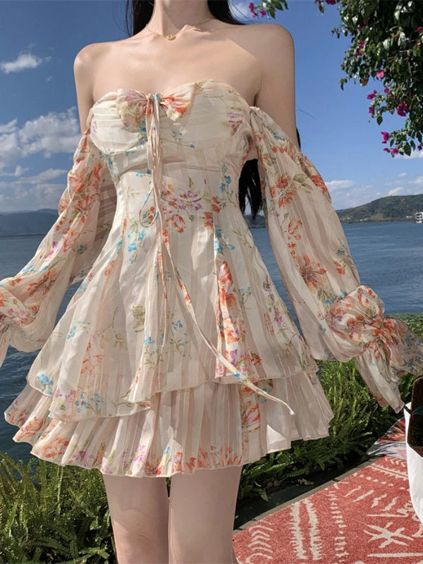 TAVIMART  -  Holiday Style Summer Dress Fairy Printedoff Shoulder Long Sleeved Chiffon Dress Women Beach Outfit A-line Short Mini Dress