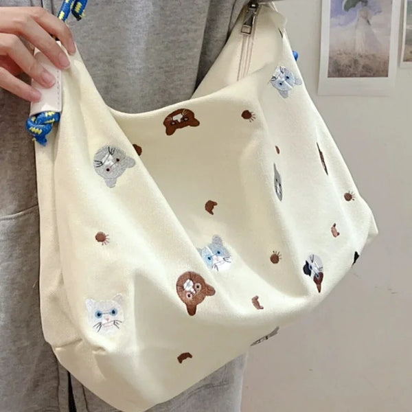 TAVIMART  -  Cartoon Sweet Cat Embroidery Shoulder Bags Women Kawaii Cute Y2k Casual Handbags Trendy Japanese All Match Canvas Underarm Bag