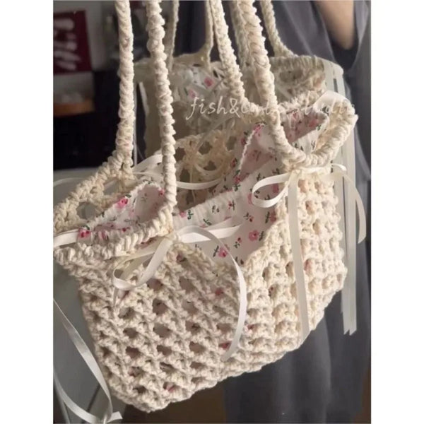 TAVIMART  -  Fairycore Floral Straw Bag Purse Women Summer Holiday Large Capacity Woven Handbag Ladies Retro Cute Beach Bag Aesthetic