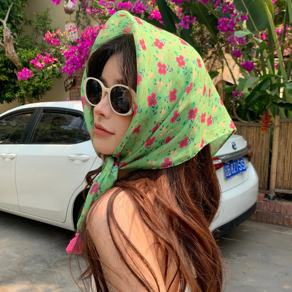 TAVIMART  -  60cm Fashion Cotton Linen Square Scarf For Women Summer Sunscreen Bandannas Head Scarf Floral Print Turban Headband Neck Scarves