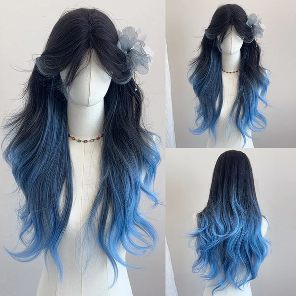 TAVIMART  -  Lace Long Wavy Black Ombre Blue Synthetic Wig Fluffy Women Lolita Cosplay Heat Resistant Wig for Daily Party