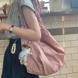 TAVIMART -  Cute Pink Shoulder Bag Women Pleated Solid Color College Style Fashion Tote Bag Large Capacity Drawstring Elegant Handbag